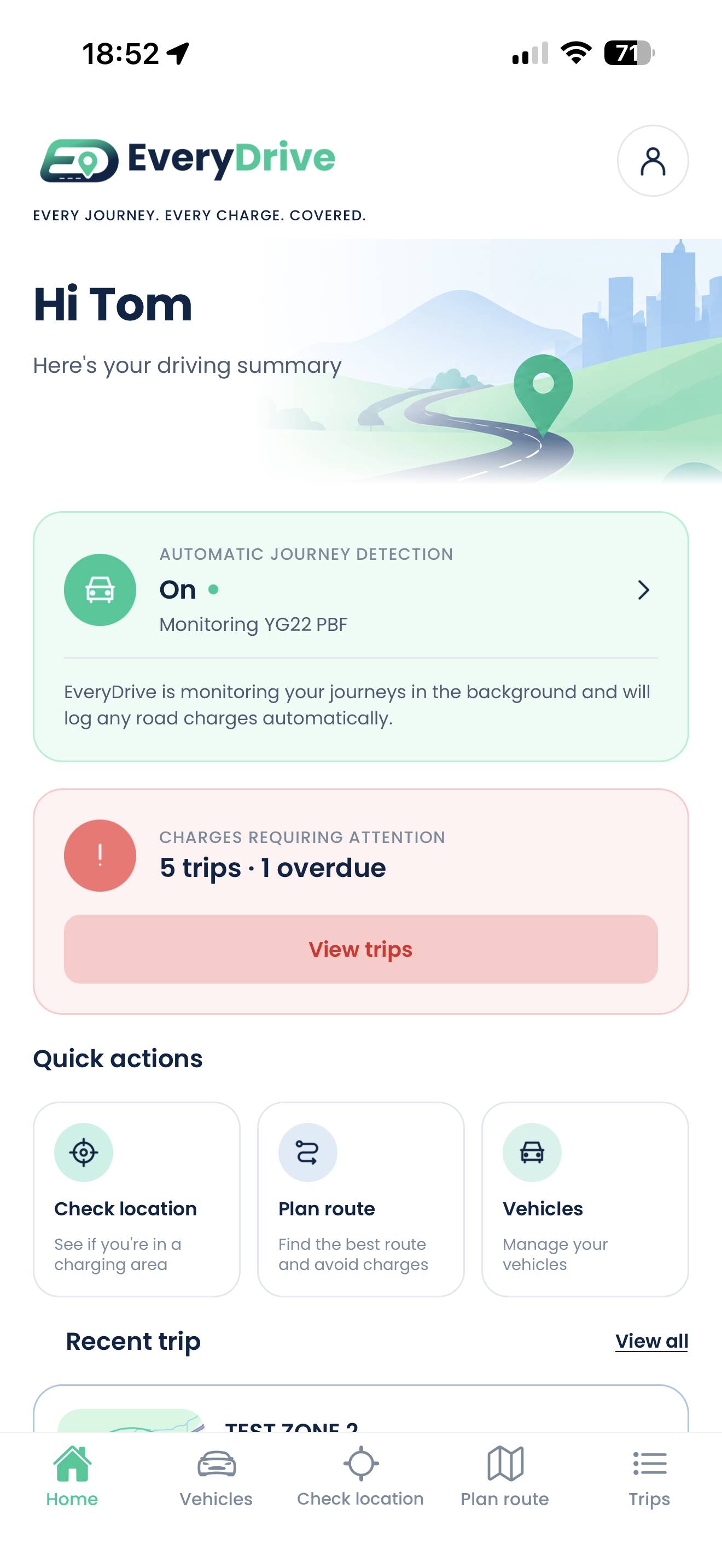 EveryDrive app home screen showing automatic journey detection switched on, vehicle monitoring and trips requiring attention